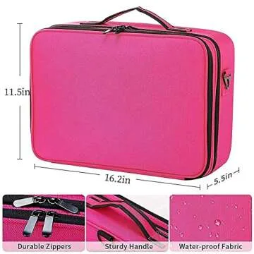 gzcz Large Capacity 16.5 inches Professional Travel Makeup Train Case Portable Artist Cosmetic Brush Organizer Storage Bag With Adjustable Dividers And Shoulder Strap for Toiletry Jewelry （Rose Red）