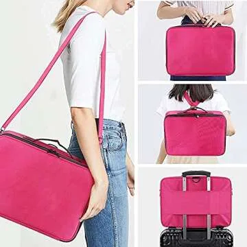 gzcz Large Capacity 16.5 inches Professional Travel Makeup Train Case Portable Artist Cosmetic Brush Organizer Storage Bag With Adjustable Dividers And Shoulder Strap for Toiletry Jewelry （Rose Red）
