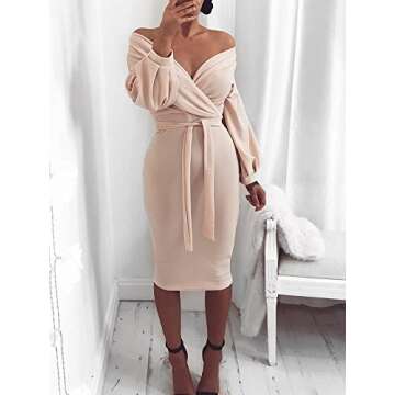 Ninimour Womens Off Shoulder Twisted Waist Tie Sexy Midi Dress M Nude