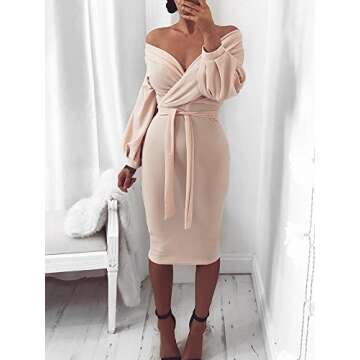 Ninimour Womens Off Shoulder Twisted Waist Tie Sexy Midi Dress M Nude