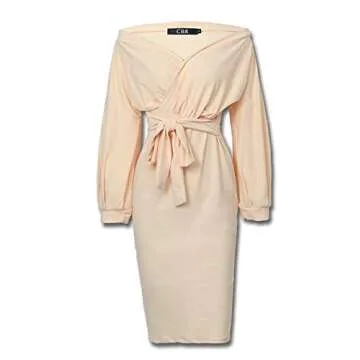 Ninimour Womens Off Shoulder Twisted Waist Tie Sexy Midi Dress M Nude