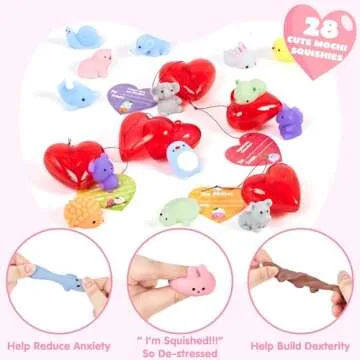 JOYIN 28 Mochi Squishy Toys Filled Hearts and Valentine Cards for Kids Valentine Classroom Exchange Party Favors, Kawaii Stress Relief Toys for Valentine Gift Exchange, Game Prizes and Carnivals Gift