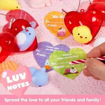JOYIN 28 Mochi Squishy Toys Filled Hearts and Valentine Cards for Kids Valentine Classroom Exchange Party Favors, Kawaii Stress Relief Toys for Valentine Gift Exchange, Game Prizes and Carnivals Gift