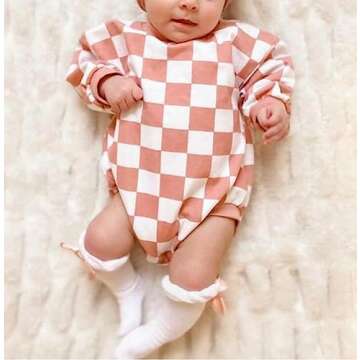 Karuedoo Baby Boy Girl Checkered Sweatshirt Romper Oversized Onesies Long Sleeve Bubble Romper Top Neutral Baby Fall Clothes (A-Pink, 6-12 Months)