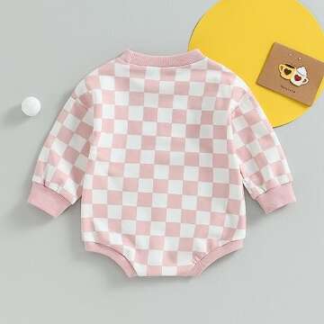 Karuedoo Baby Boy Girl Checkered Sweatshirt Romper Oversized Onesies Long Sleeve Bubble Romper Top Neutral Baby Fall Clothes (A-Pink, 6-12 Months)