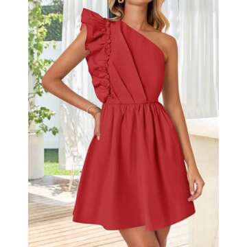 ZESICA Women's Summer One Shoulder Ruffle Dress Boho Sleeveless Elastic High Waist Swing Mini Dresses,Red,Small