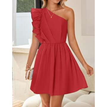 ZESICA Women's Summer One Shoulder Ruffle Dress Boho Sleeveless Elastic High Waist Swing Mini Dresses,Red,Small