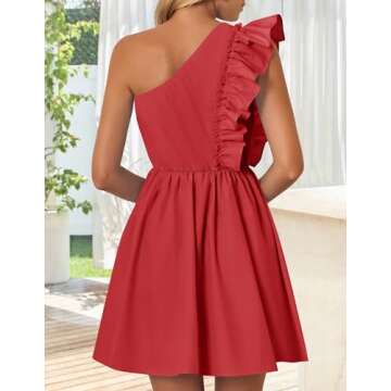 ZESICA Women's Summer One Shoulder Ruffle Dress Boho Sleeveless Elastic High Waist Swing Mini Dresses,Red,Small