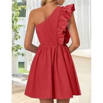 ZESICA Women's Summer One Shoulder Ruffle Dress Boho Sleeveless Elastic High Waist Swing Mini Dresses,Red,Small
