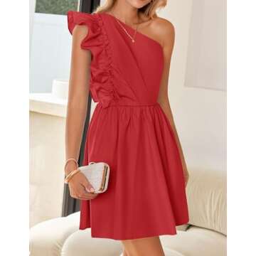 ZESICA Women's Summer One Shoulder Ruffle Dress Boho Sleeveless Elastic High Waist Swing Mini Dresses,Red,Small
