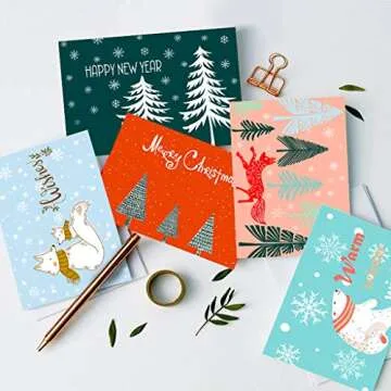 Elegant Christmas Happy Holiday Greeting Cards Bulk Boxed Set of 30, 6 Assorted Winter in Snow Festive Color Design Blank On the Inside, Envelopes and Sealing Stickers Included