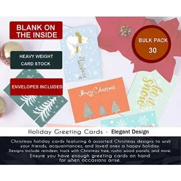 Elegant Christmas Happy Holiday Greeting Cards Bulk Boxed Set of 30, 6 Assorted Winter in Snow Festive Color Design Blank On the Inside, Envelopes and Sealing Stickers Included