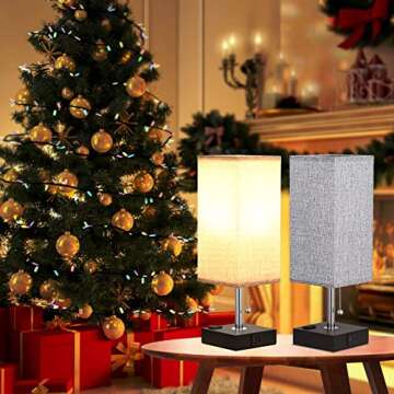 aooshine Bedside Lamps for Bedrooms Set of 2 - Table Lamps for Nightstand with USB Ports, Small Night Stand Light Lamp with Grey Fabric Shade for End Table Living Room Home Office (2 Pack)