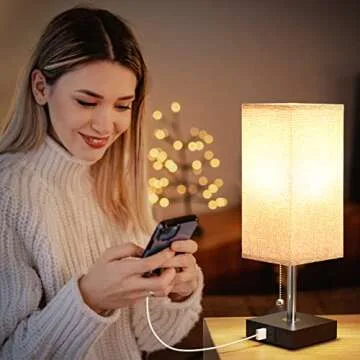 aooshine Bedside Lamps for Bedrooms Set of 2 - Table Lamps for Nightstand with USB Ports, Small Night Stand Light Lamp with Grey Fabric Shade for End Table Living Room Home Office (2 Pack)