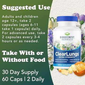 RidgeCrest Herbals ClearLungs Extra Strength, Natural Lung, Nasal Health Formula, Bronchial, Respiratory, Sinus, Mucus Support (60 Caps, 30 Serv)