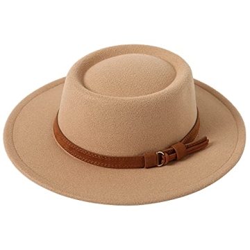 Lanzom Women Vintage Wide Brim Warm Wool Fedora Hat - Camel