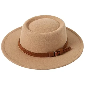 Lanzom Women Vintage Wide Brim Warm Wool Fedora Hat - Camel