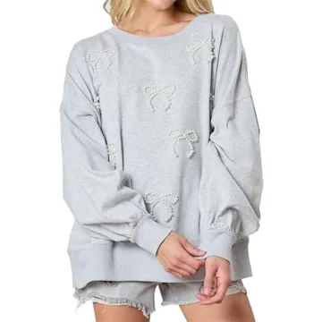 Y2k Pearl Bow Sweatshirt for Women: Oversized Pullover with Chic Detail