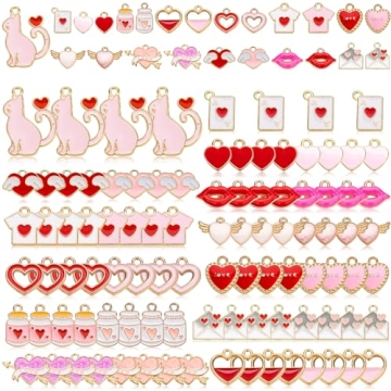 Noverlife 96PCS Valentine’s Day Heart Charms - Cute Pink Red Pendants for DIY Jewelry Crafts