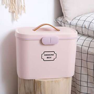 Yardwe Plastic First Aid Storage Box, Container Bin with Removable Tray and Handle, Family Emergency Medicine Kit Storage Organize, Pink