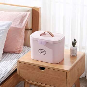 Yardwe Plastic First Aid Storage Box, Container Bin with Removable Tray and Handle, Family Emergency Medicine Kit Storage Organize, Pink