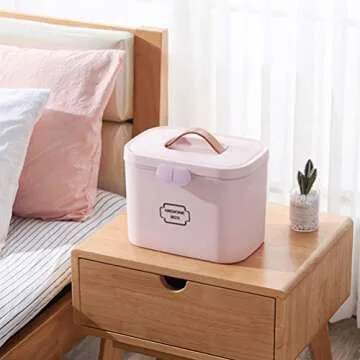 Yardwe Plastic First Aid Storage Box, Container Bin with Removable Tray and Handle, Family Emergency Medicine Kit Storage Organize, Pink