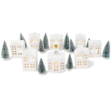 Elanze Designs White Christmas Glitter Village Porcelain Ceramic Figurines Set - 18 Piece for Tablet...