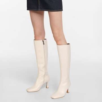 Dsevht Black Leather Knee High Boots for Women Stiletto Kitten Heeled Sexy Tall Boots Square Toe and Side Zipper Design Fashion Dress Boots