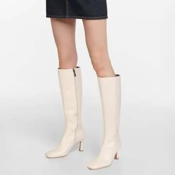 Dsevht Black Leather Knee High Boots for Women Stiletto Kitten Heeled Sexy Tall Boots Square Toe and Side Zipper Design Fashion Dress Boots