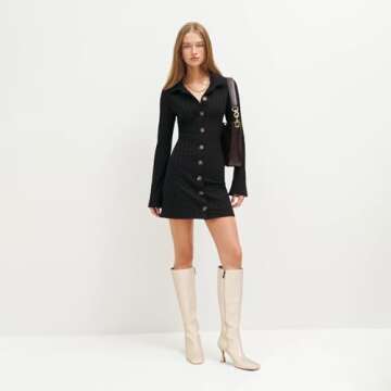 Dsevht Black Leather Knee High Boots for Women Stiletto Kitten Heeled Sexy Tall Boots Square Toe and Side Zipper Design Fashion Dress Boots