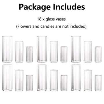 Hewory Glass Cylinder Ribbed Vases Set of 18, Tall Clear Vase for Centerpieces, Hurricane Candle Holders for Pillar or Floating Candles, Round Vases for Wedding Anniversary Events Home Table Decor