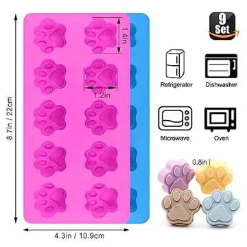 Set of 9-4 Silicone Molds Puppy Dog Paw and Bone，Silicone Dog Treat Molds and 5 Stainless Steel Bone Cookie Cutter，for Chocolate, Candy, Jelly, Dog Treats - Purple,Red,Pink,Blue