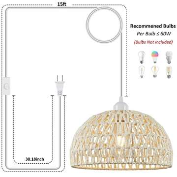 Plug in Pendant Light Rattan Hanging Lamp with 15 Ft Hemp Rope Cord, Hanging Lights with Plug in Cord, Woven Boho Wicker Basket Lamp Shade Plug in Ceiling Light Fixture for Kitchen Island (Cream)