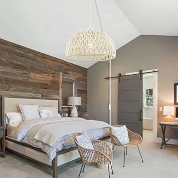 Plug in Pendant Light Rattan Hanging Lamp with 15 Ft Hemp Rope Cord, Hanging Lights with Plug in Cord, Woven Boho Wicker Basket Lamp Shade Plug in Ceiling Light Fixture for Kitchen Island (Cream)