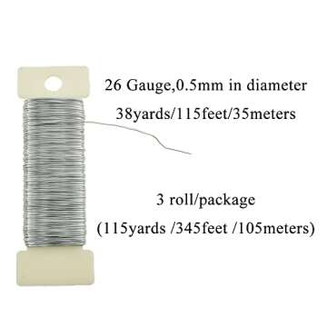 HAHIYO 26Gauge Silver 3Rolls Total 115Yards(345Feet) Metal Floral Wire Flexible Paddle Wire Florist ...