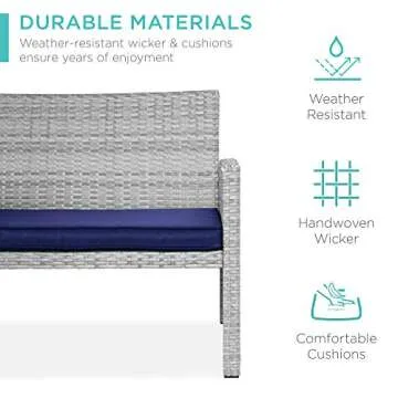 Best Choice Products 4-Piece Outdoor Wicker Patio Conversation Furniture Set for Backyard w/Coffee Table, Seat Cushions - Gray/Navy