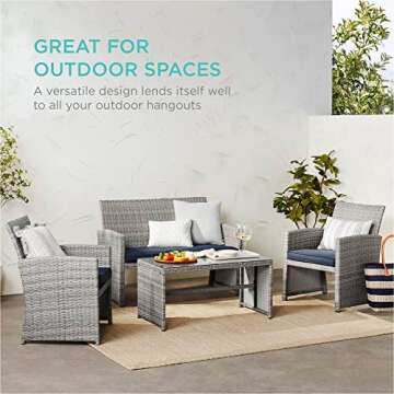 Best Choice Products 4-Piece Outdoor Wicker Patio Conversation Furniture Set for Backyard w/Coffee Table, Seat Cushions - Gray/Navy