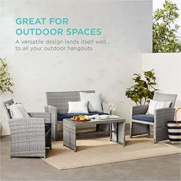 Best Choice Products 4-Piece Outdoor Wicker Patio Conversation Furniture Set for Backyard w/Coffee Table, Seat Cushions - Gray/Navy