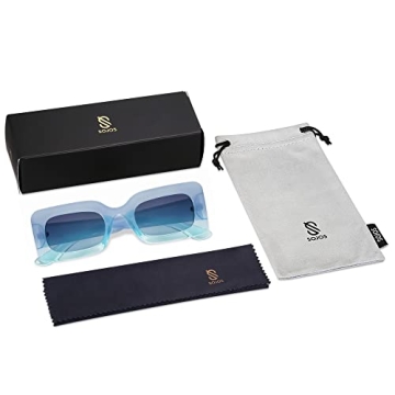 SOJOS Retro 90s Nude Rectangle Sunglasses Womens Mens Trendy Chunky Glasses Gradient Blue Frame Blue Lens
