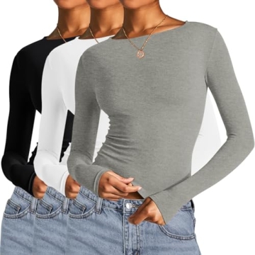 AKEWEI 3 Pack Womens 2025 Fashion Going Out Tops Crop Long Sleeve Tight Tee Shirts Trendy Spring Bas...