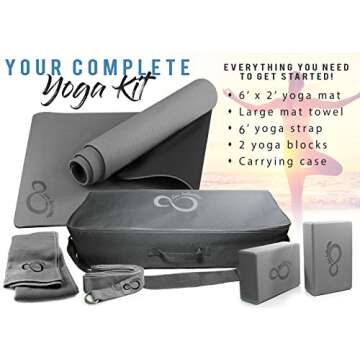 Complete 6 Piece Yoga Set by Live Infinitely- 6mm Dual Layer Non-Slip TPE Yoga Mat, 2 EVA Foam Blocks, 9’ Cotton Strap, Mat Sized Exercise Towel & Carrying Case- Perfect Kit For Any Yogi (Dark Grey)
