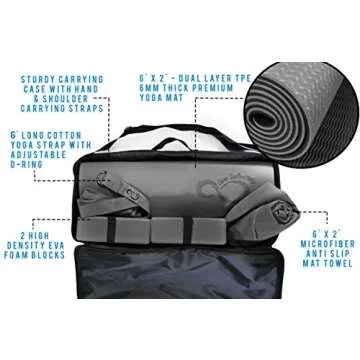 Complete 6 Piece Yoga Set by Live Infinitely- 6mm Dual Layer Non-Slip TPE Yoga Mat, 2 EVA Foam Blocks, 9’ Cotton Strap, Mat Sized Exercise Towel & Carrying Case- Perfect Kit For Any Yogi (Dark Grey)