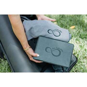 Complete 6 Piece Yoga Set by Live Infinitely- 6mm Dual Layer Non-Slip TPE Yoga Mat, 2 EVA Foam Blocks, 9’ Cotton Strap, Mat Sized Exercise Towel & Carrying Case- Perfect Kit For Any Yogi (Dark Grey)