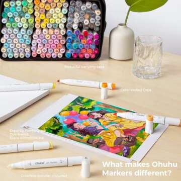 Ohuhu Alcohol Brush Markers 168-color Art Marker Set Double Tipped Alcohol-based Markers for Artist Adults Coloring Illustration- Brush & Chisel -w/ 1 Alcohol Marker Blender- Honolulu - Refillable Ink