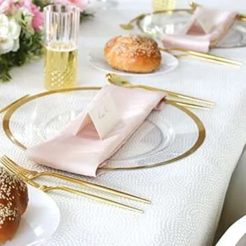 PLASTICPRO Plastic Pro 4 Pack Charger Plates 13 Inch Clear with Gold Rim Plastic Dinner Chargers Heavy Duty Large Serving Platter Reusable Disposable