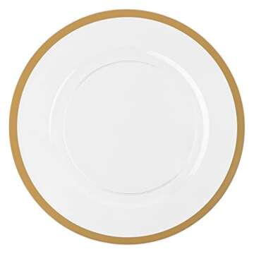 PLASTICPRO Plastic Pro 4 Pack Charger Plates 13 Inch Clear with Gold Rim Plastic Dinner Chargers Heavy Duty Large Serving Platter Reusable Disposable