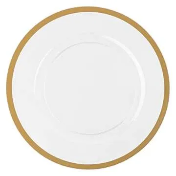 PLASTICPRO Plastic Pro 4 Pack Charger Plates 13 Inch Clear with Gold Rim Plastic Dinner Chargers Heavy Duty Large Serving Platter Reusable Disposable