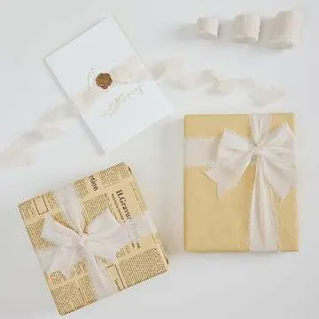 Keypan Light Nude Chiffon Silk Ribbon for Gift Wrapping - 1" 1.5" 2" x 7Yd Set Handmade Fringe Wedding Ribbons for Bridal Flower Bouquet Baby Shower