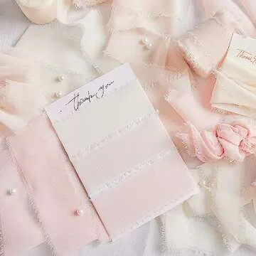 Keypan Light Nude Chiffon Silk Ribbon for Gift Wrapping - 1" 1.5" 2" x 7Yd Set Handmade Fringe Wedding Ribbons for Bridal Flower Bouquet Baby Shower