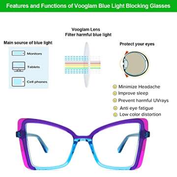 VOOGLAM Oversize Cat Eye Blue Light Blocking Glasses for Women Anti UV Eyestrain Eyewear Purple DJesica GJGA601284-02